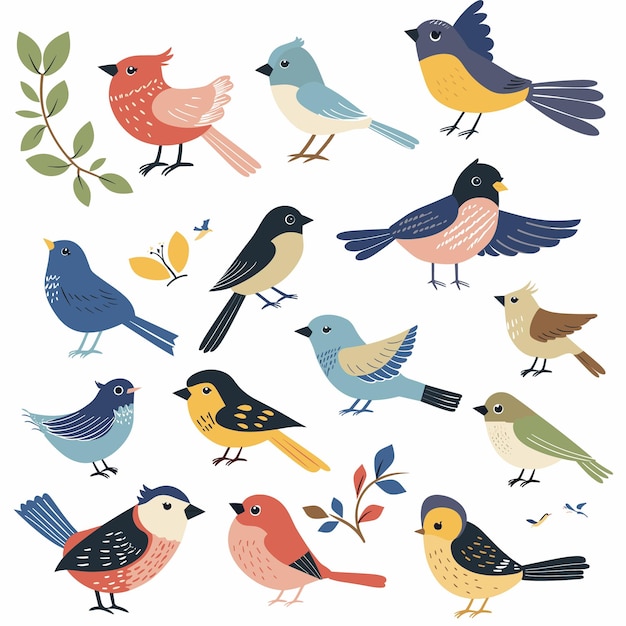 Colección de coloridas aves de dibujos animados de varias especies de follaje Colección de lindos pájaros cantores de estilo plano