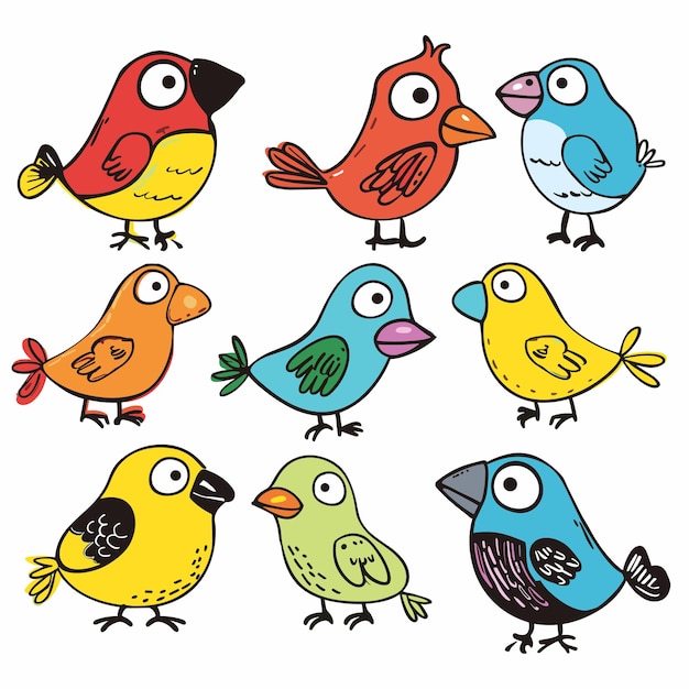 Colección de coloridas aves de dibujos animados varias poses expresiones estilo dibujado a mano múltiples pájaros lindos