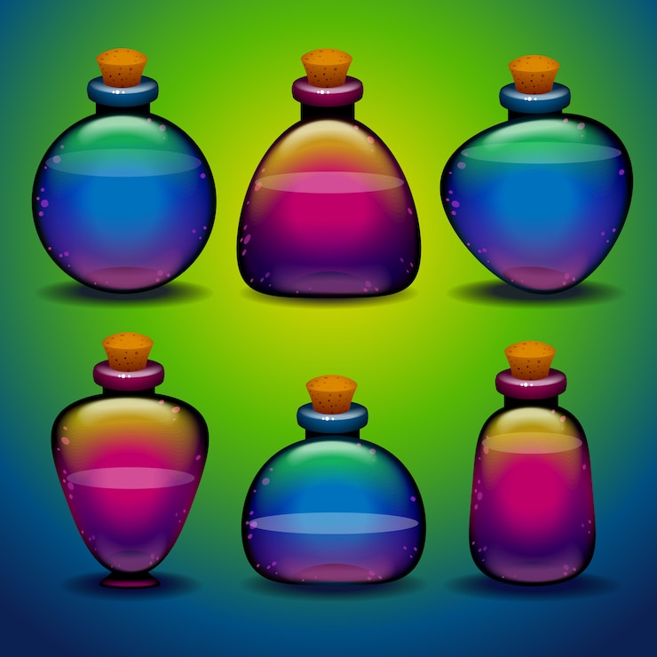 Vector colección de coloridas botellas de pociones de diferentes formas