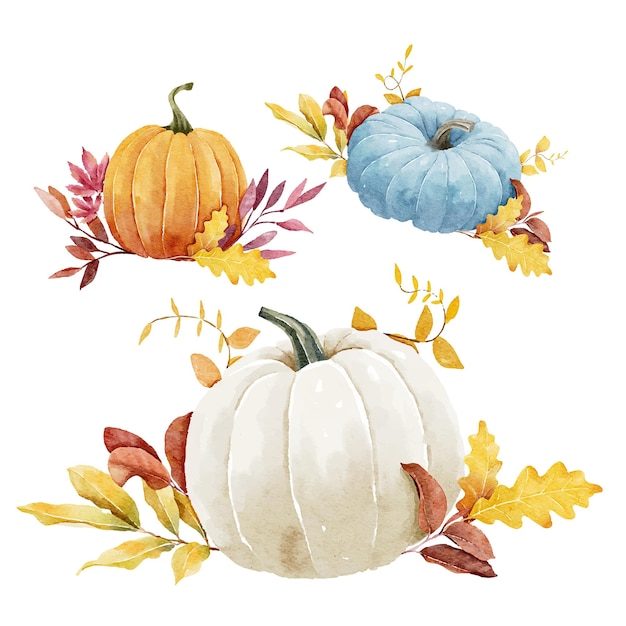 Colección de coloridas calabazas de acuarela con vibrantes hojas de otoño