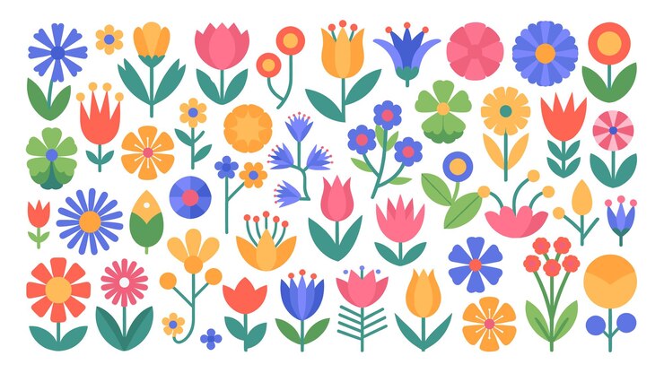 Colección de coloridas flores planas de primavera y elementos florales sobre un fondo blanco