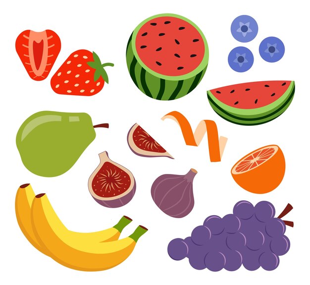 Colección De Coloridas Frutas Frescas Y Bayas Vector Ilustración Iconos Aislados En Estilo Plano