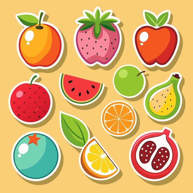 Una colección de coloridas pegatinas de frutas con una manzana de fresa naranja manzana verde sandía higuera granada y dos naranjas