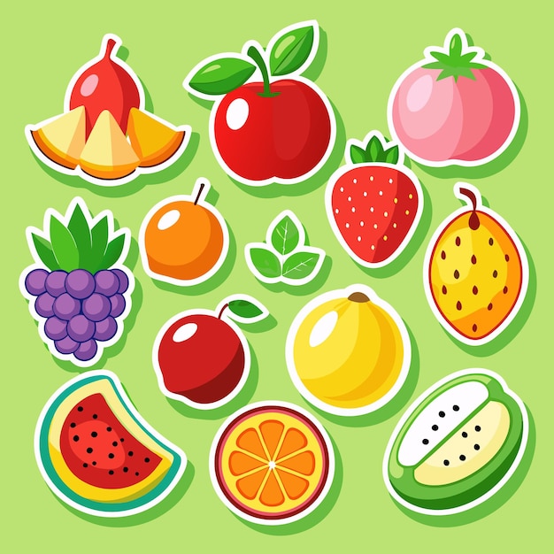 Una colección de coloridas pegatinas de frutas sobre un fondo verde incluyen una manzana una pera una fresa una fruta de la pasión uvas una sandía una rodaja de limón y más