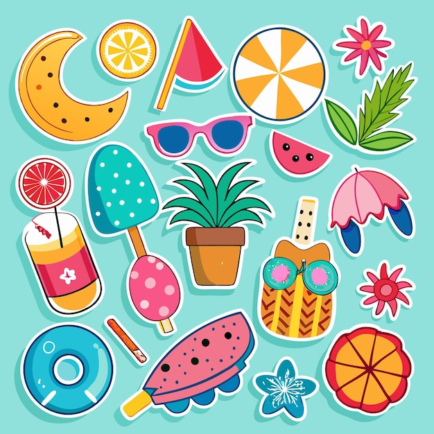 Una colección de coloridas pegatinas de verano con una luna creciente sandía rebanada una bebida con una paja una rebanada de naranja una planta en maceta gafas de sol y una variedad de patrones florales
