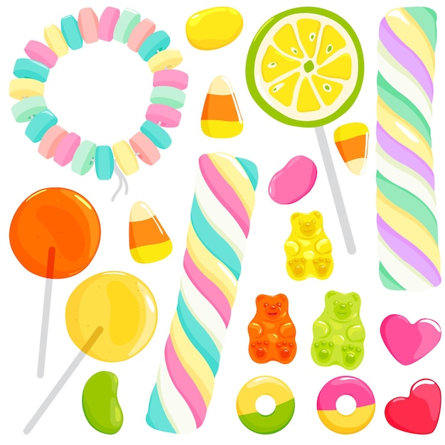 Colección de coloridas piruletas de goma y caramelos de gelatina osos truco de Halloween o dulces de regalo
