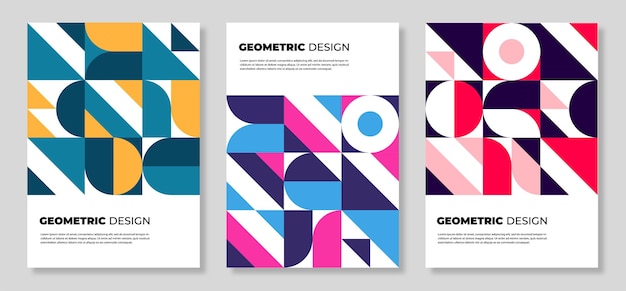 Una colección de coloridas portadas de diseño de murales geométricos abstractos.