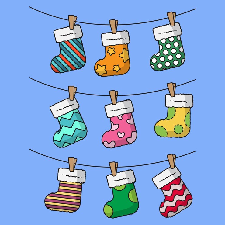 Vector colección de coloridos calcetines de navidad de dibujos animados. ilustración de vector de decoración de navidad