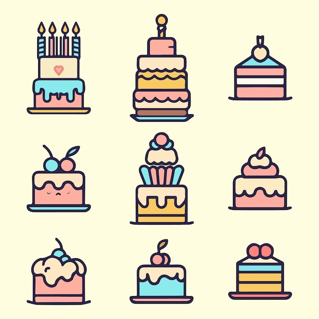 Colección de coloridos diseños de pasteles para celebraciones y fiestas