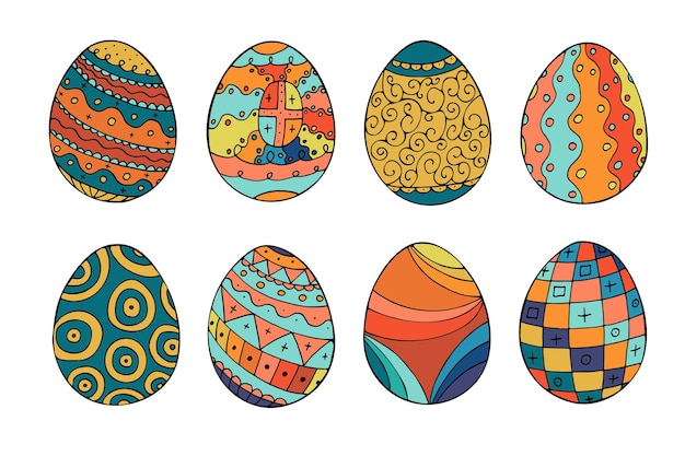 Colección de coloridos huevos de pascua en estilo doodle ilustración vectorial dibujada a mano