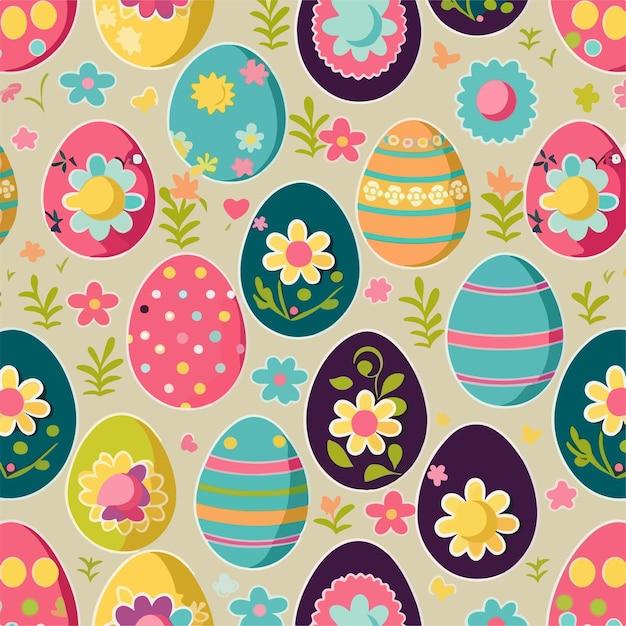 Una colección de coloridos huevos de pascua con flores sobre un fondo beige