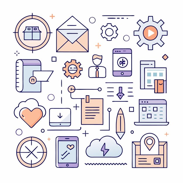 Una colección de coloridos iconos de arte de línea relacionados con la tecnología empresarial y el marketing