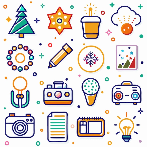 Una colección de coloridos iconos de contorno sobre un fondo blanco incluyen un árbol de Navidad una estrella una taza de café una nube un copo de nieve una cámara un lápiz un bloc de notas una bombilla y más