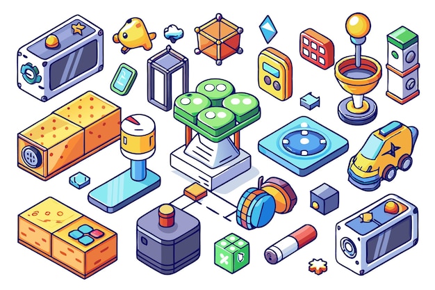 Una colección de coloridos iconos isométricos que representan varios dispositivos y objetos tecnológicos