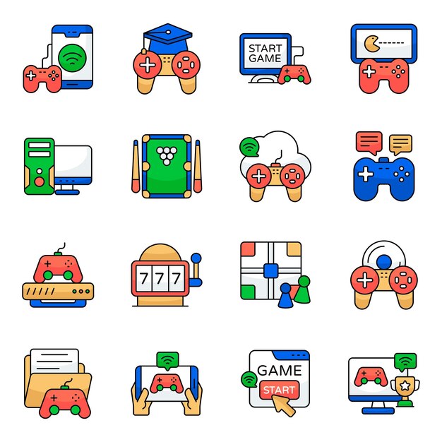 Colección de coloridos iconos de juegos con diferentes tipos de juegos y conceptos de juegos