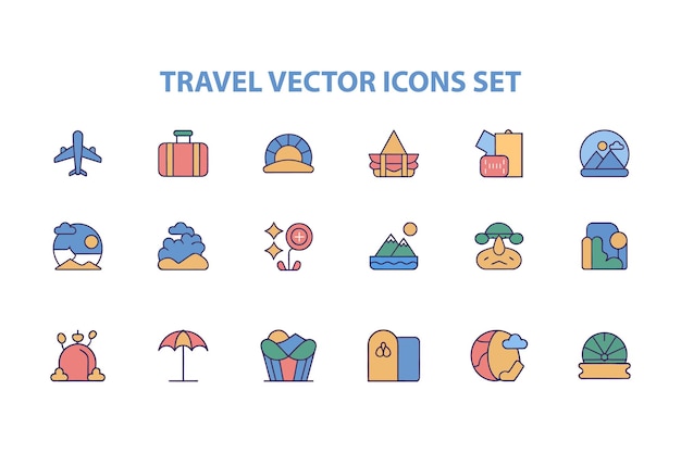Colección de coloridos íconos de viaje para el turismo y las vacaciones