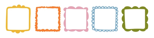 Una colección de coloridos marcos cuadrados dibujados a mano con bordes decorativos vectoriales para el saludo de scrapbooking