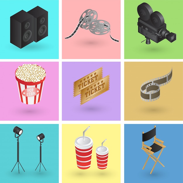 Colección de coloridos objetos de cine o película en estilo 3d.