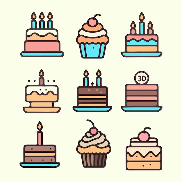 Colección de coloridos pasteles de cumpleaños y cupcakes