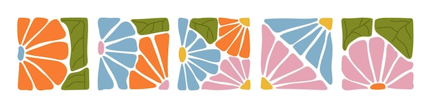 Una colección de coloridos patrones florales abstractos en marcos cuadrados elementos botánicos dibujados a mano en