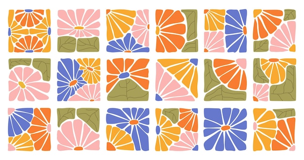 Una colección de coloridos patrones florales abstractos en marcos cuadrados elementos botánicos dibujados a mano en