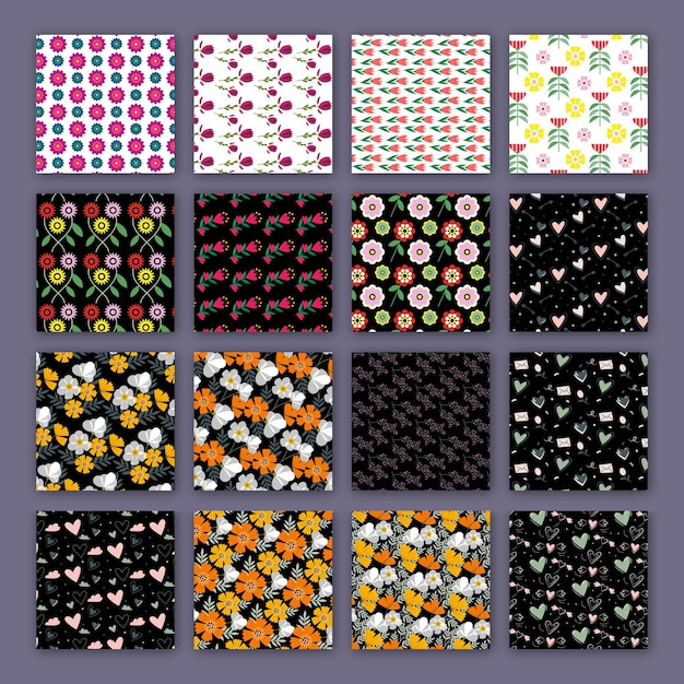 Colección de coloridos patrones florales y de corazones
