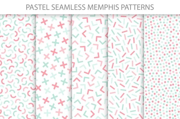 Colección de coloridos patrones de Memphis sin costuras formas geométricas de mosaico moda 80 90s colores suaves diseño delicado Usted puede encontrar fondos sin costuras en el panel de muestras