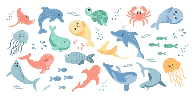 Colección de coloridos peces y animales marinos Iconos en estilo de dibujos animados para niños vector