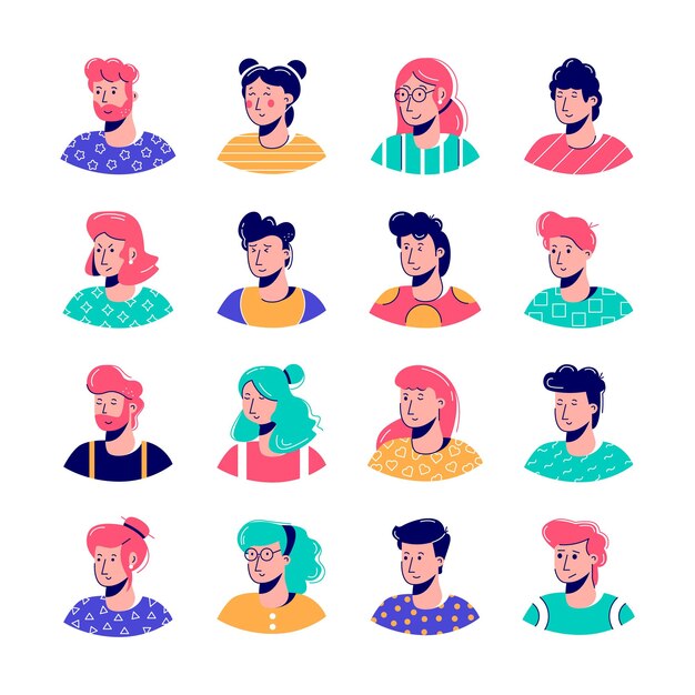 Una colección de coloridos retratos planos de hombres y mujeres