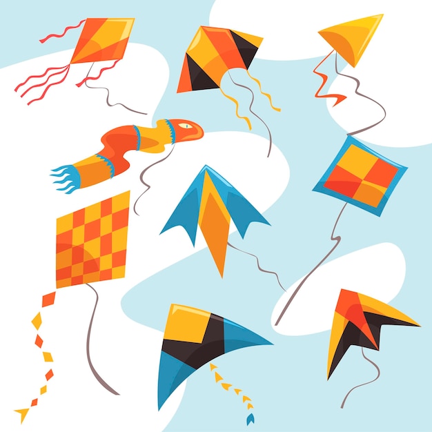 Colección de cometas de colores brillantes de diferentes formas Iconos de dibujos animados de juguetes voladores para actividades infantiles y juegos Tema de hobby y entretenimiento del cielo y el viento Ilustraciones vectoriales en estilo plano