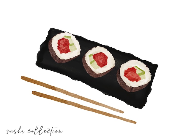 Colección de comida asiática acuarela con sushi en plato negro. Diseño creativo para impresión, menú, afiche.