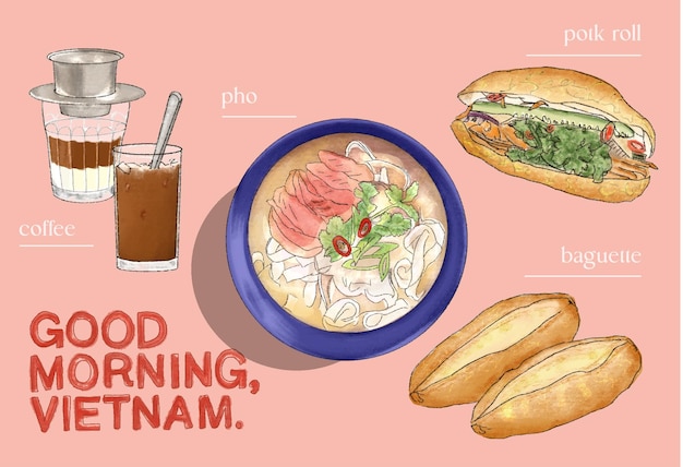 Vector colección de comida y bebida vietnamita.