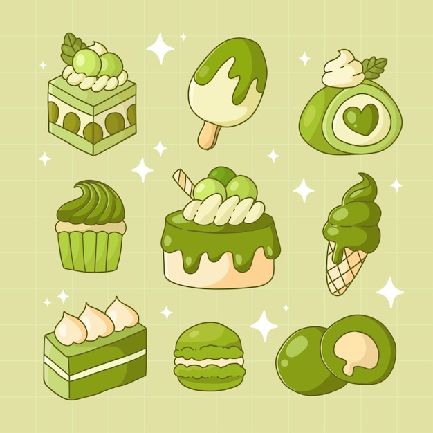 Colección de comida dulce de postre Matcha dibujada a mano linda