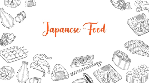 Colección de comida japonesa con boceto dibujado a mano para póster de plantilla de banner de fondo