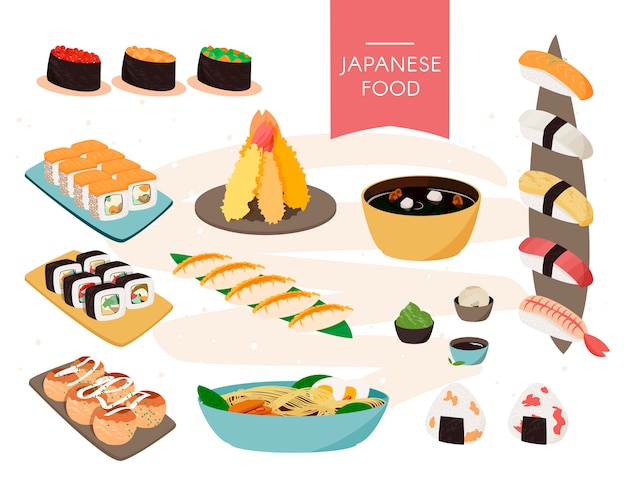 Colección de comida japonesa. vector conjunto realista de sushi, sopas, etc.