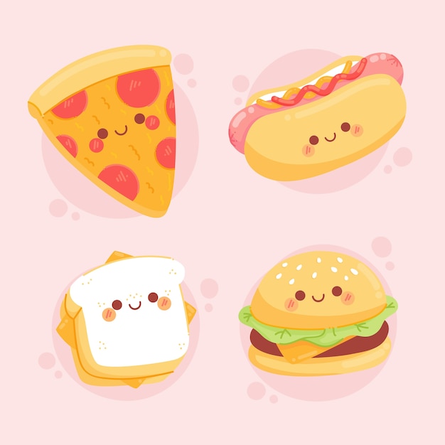 Vector colección comida kawaii dibujada a mano