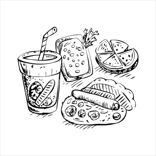 Colección de comida rápida y bocadillos dibujada a mano en ilustración vectorial de estilo boceto en blanco y negro