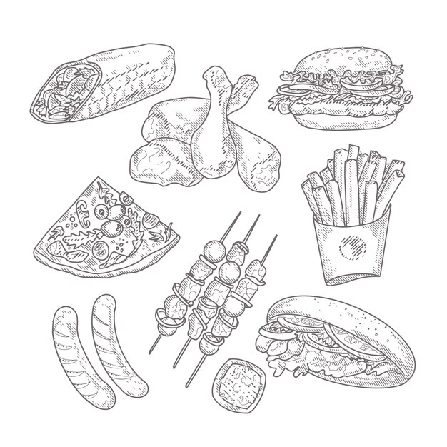Una colección de comida rápida en el estilo de un boceto grabado
