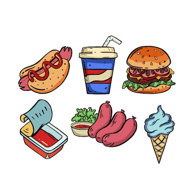 Colección de comida rápida plana vectorial aislada sobre fondo blanco Ilustración vectorial