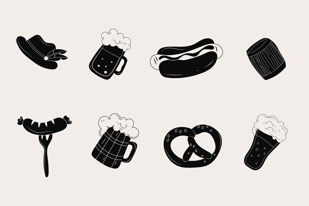Colección de comida y símbolos de Oktoberfest. Iconos y objetos vectoriales Oktoberfest.