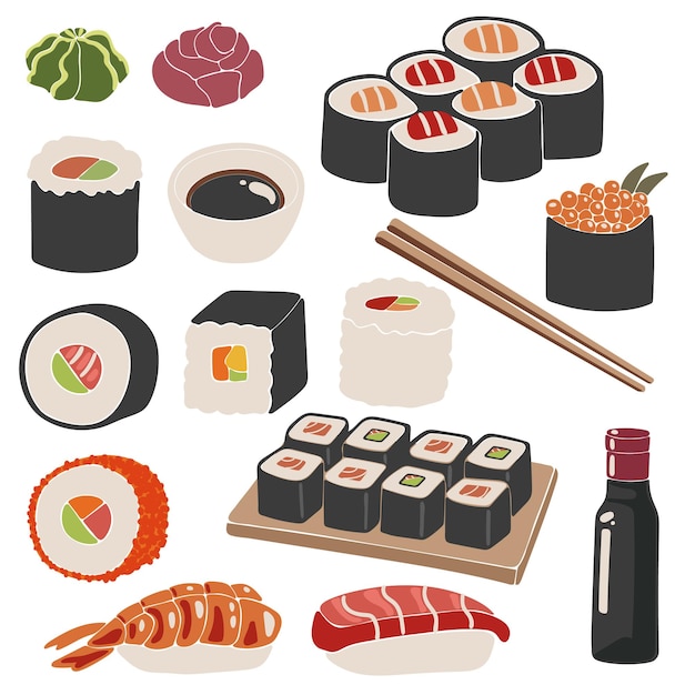 Colección de comida de sushi boho, juego de sushi, juego de vectores de comida japonesa imprimible, elemento de comida