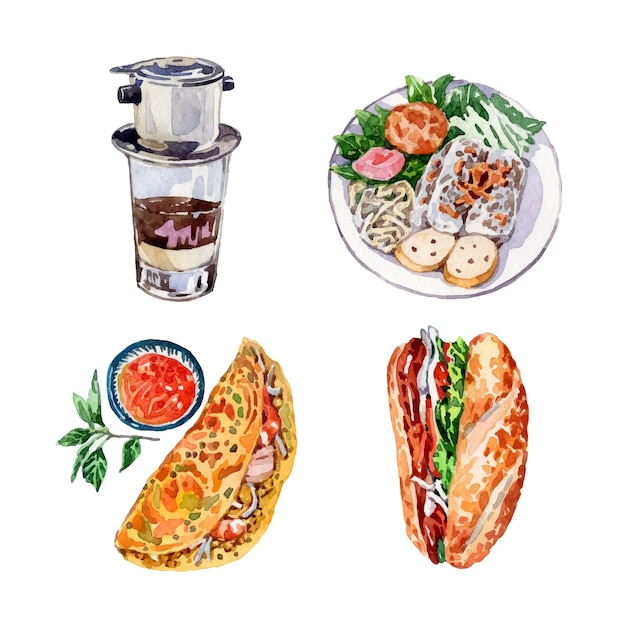 Vector colección de comida vietnamita en acuarela