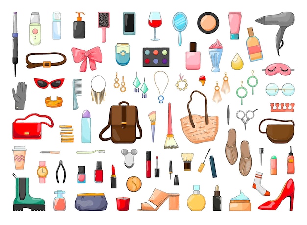 Colección de complementos y cosmética femenina de estilo moderno.
