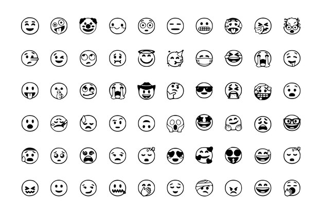 Colección completa de caras emoji en blanco y negro