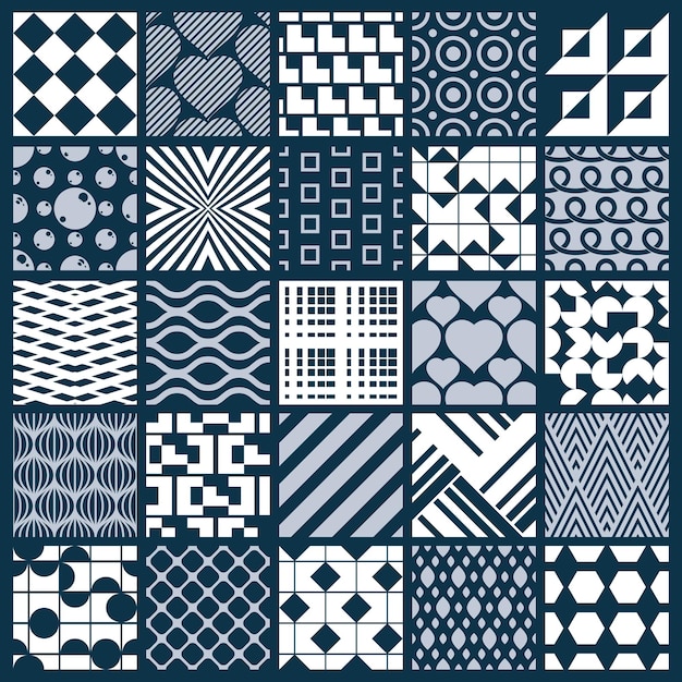 Colección de composiciones sin costuras abstractas vectoriales, fondos ornamentados simétricos creados con formas geométricas simples.