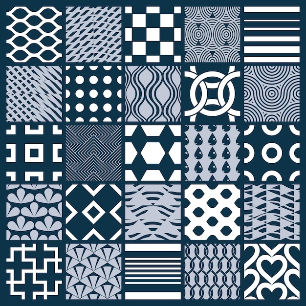 Colección de composiciones sin costuras abstractas vectoriales, fondos ornamentados simétricos creados con formas geométricas simples.