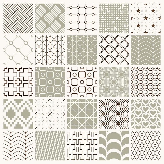 Colección de composiciones sin fisuras abstractas de vector mejor para usar como papeles de regalo, fondos ornamentados simétricos creados con formas geométricas simples.