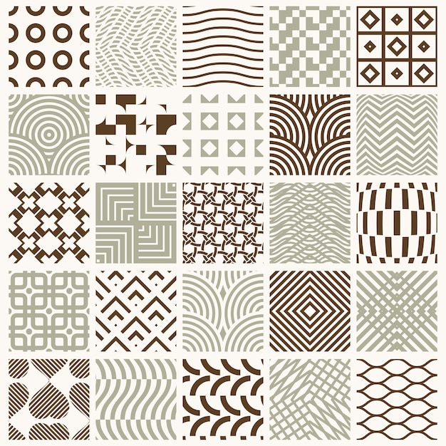Colección de composiciones sin fisuras abstractas de vector mejor para usar como papeles de regalo, fondos ornamentados simétricos creados con formas geométricas simples.