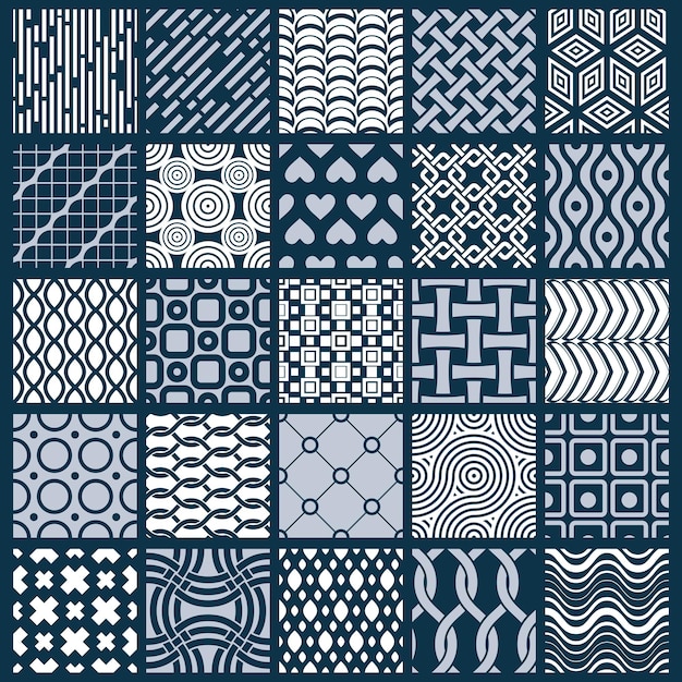 Colección de composiciones sin fisuras abstractas vectoriales, fondos ornamentados simétricos creados con formas geométricas simples. En blanco y negro.