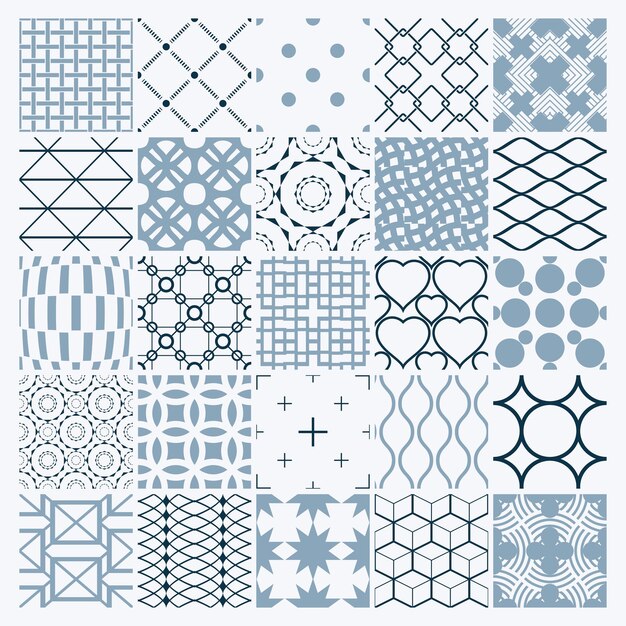 Colección de composiciones sin fisuras abstractas vectoriales, fondos ornamentados simétricos creados con formas geométricas simples. En blanco y negro.